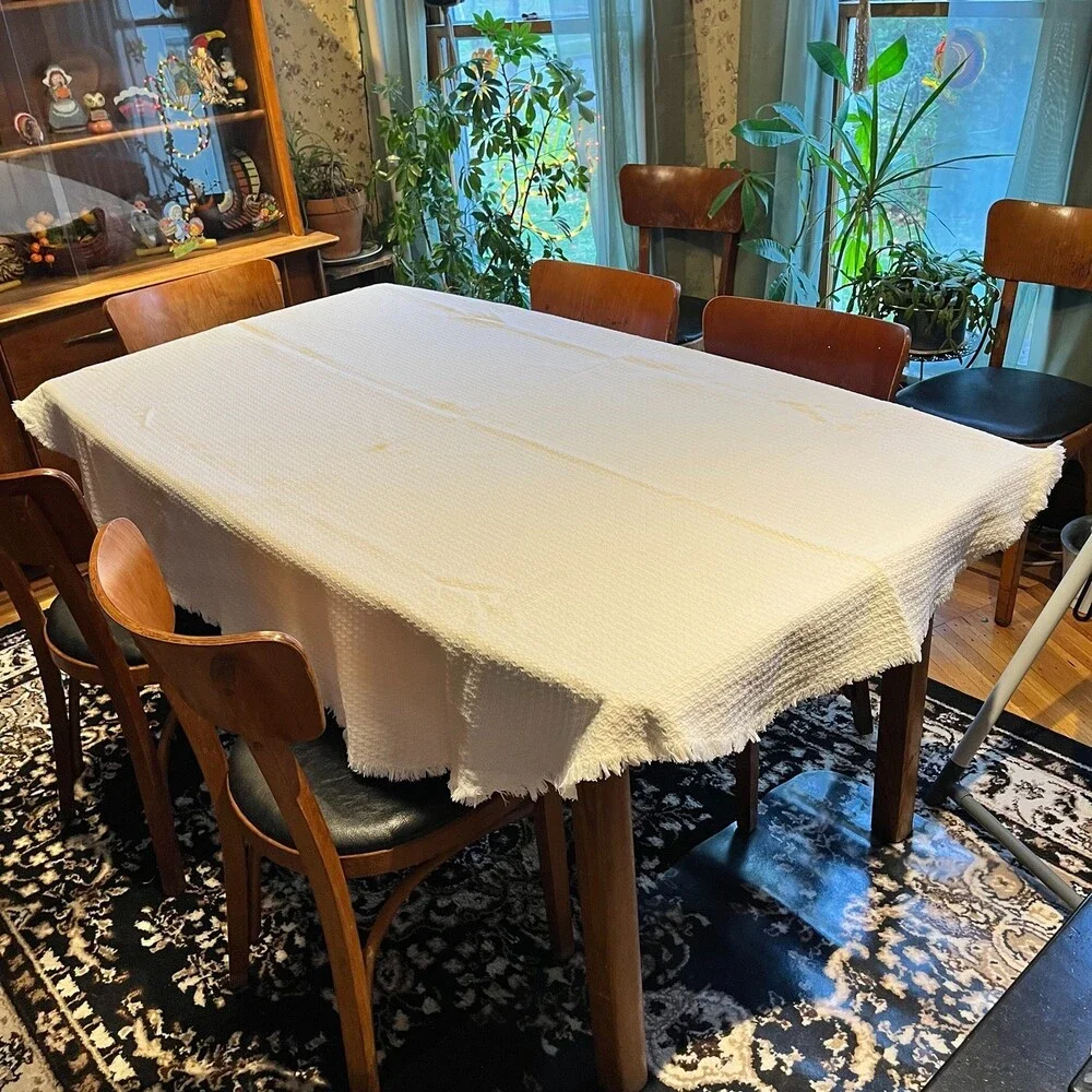 VTG Homespun Cotton Texture Fringe Tablecloth White 78